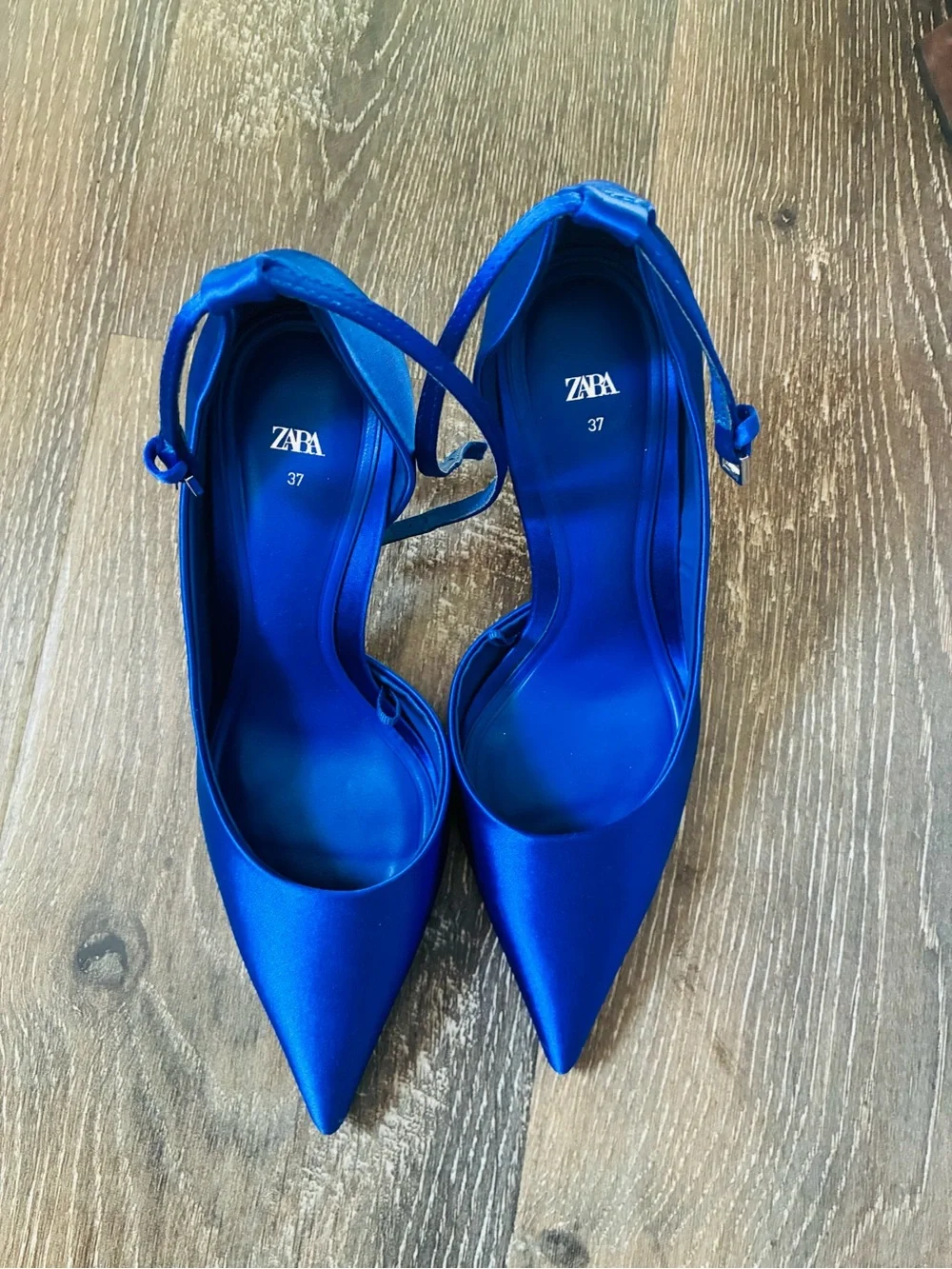 ZARA Electric Blue Satin Pointed-Toe Ankle Strap Heels